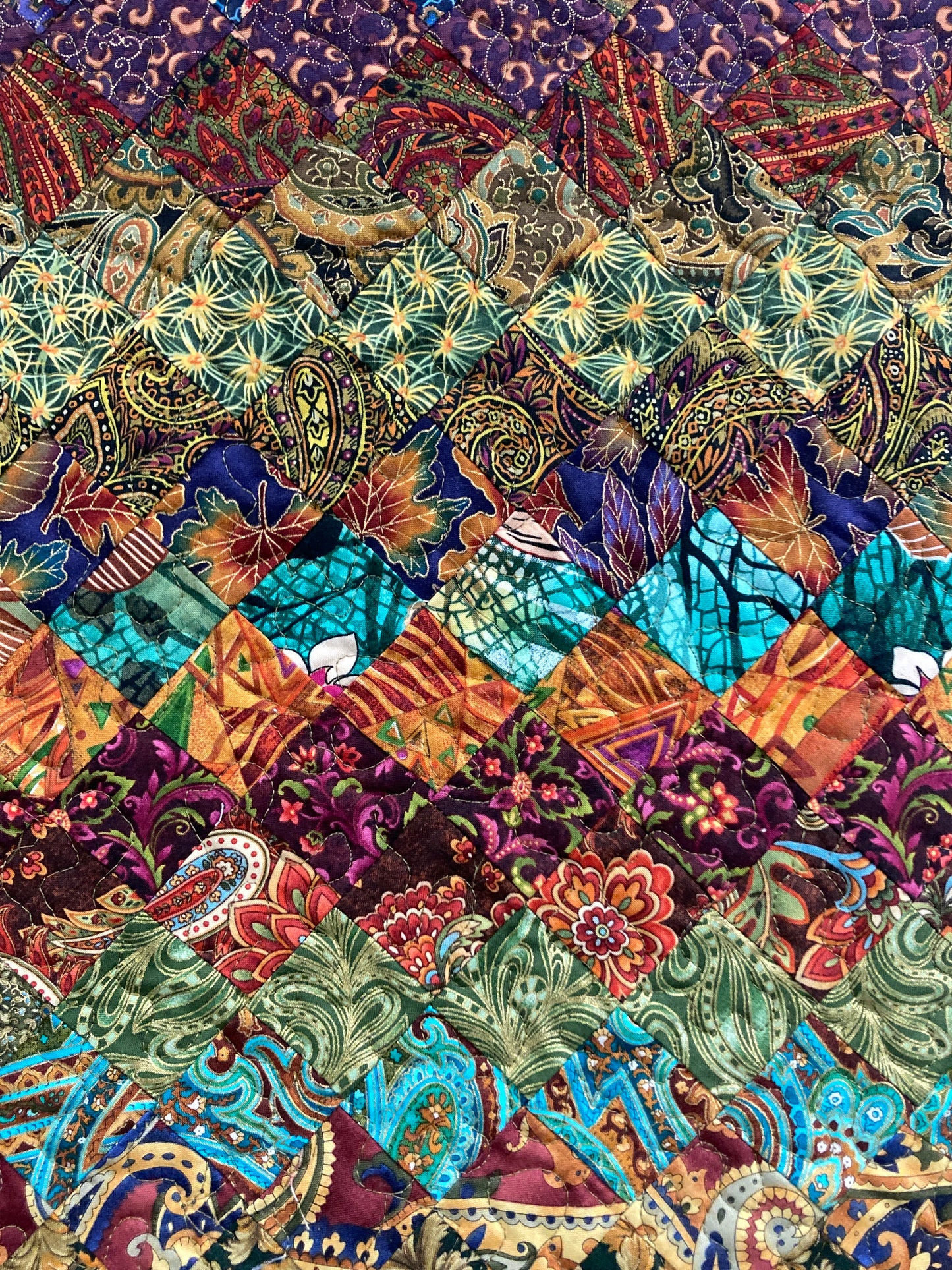 Art Quilt Plum Green Blue Bohemian Fabric Wall Hanging, Quilted 19x34" Paisley Vertical Tapestry Artwork, Table Runner Dresser Handmade