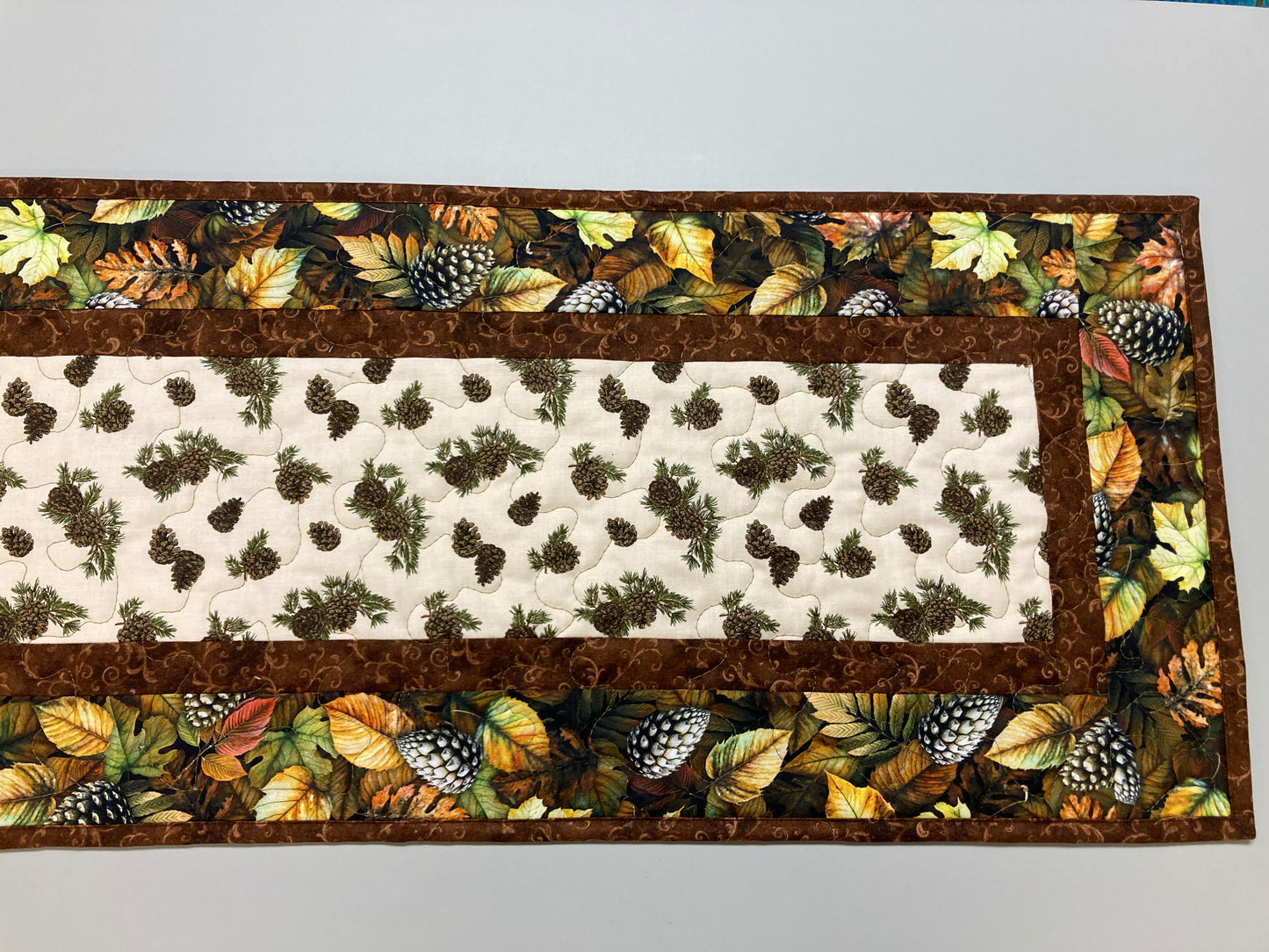 13x48"Pine Cones and Fall Leaves Quilted Dining Table Runner 13x48", Reversible Christmas, Coffee Table Runner, Dresser Scarf, End Table  Handmade