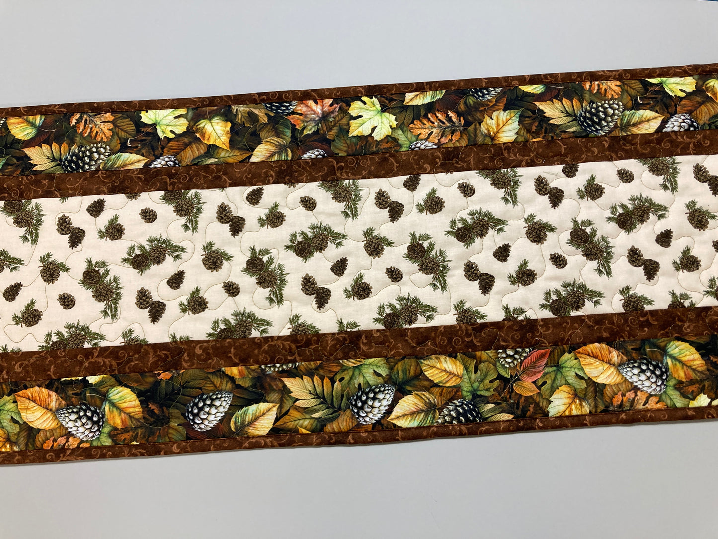 13x48"Pine Cones and Fall Leaves Quilted Dining Table Runner 13x48", Reversible Christmas, Coffee Table Runner, Dresser Scarf, End Table  Handmade
