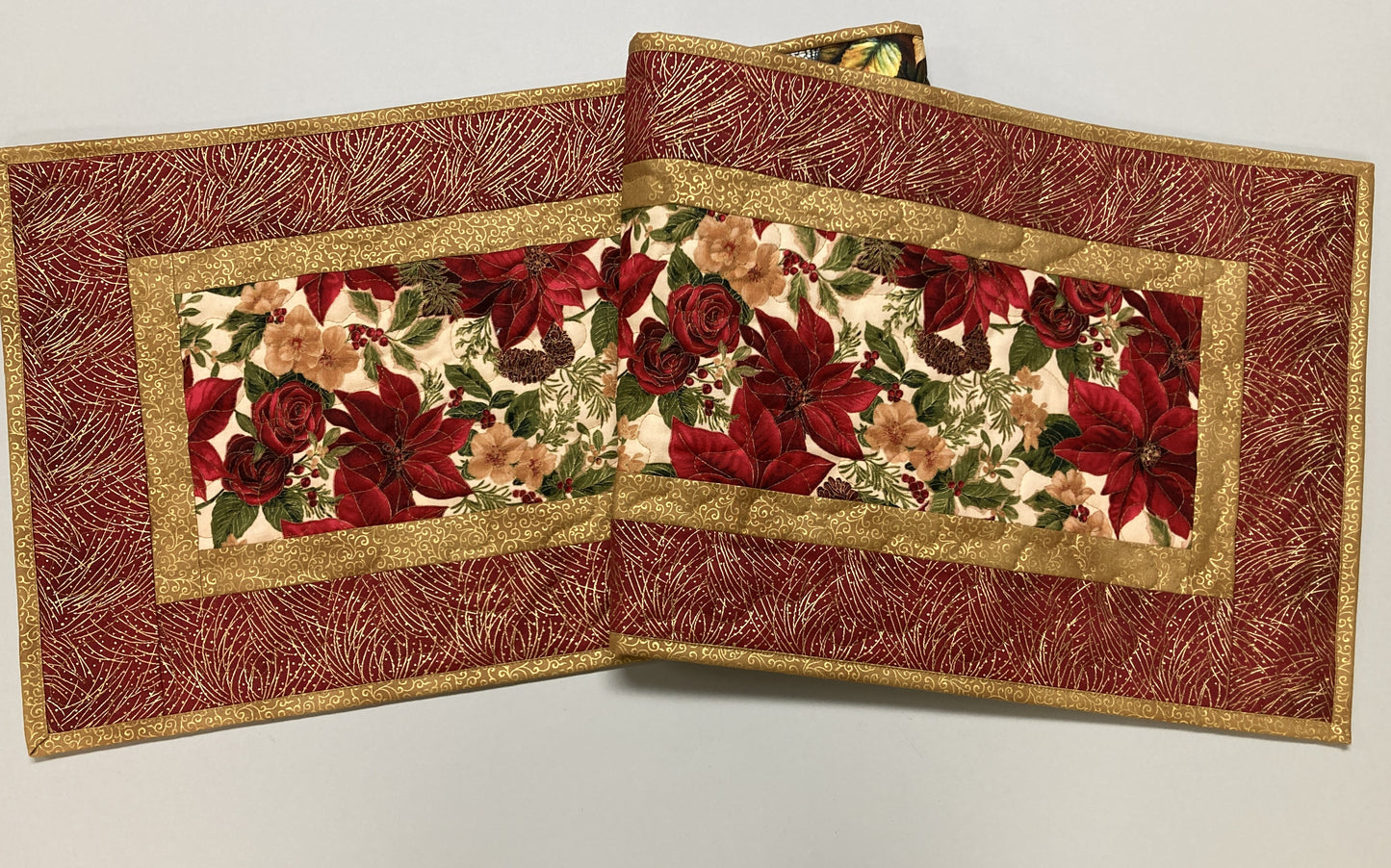 Christmas Holly Poinsettia Quilted Table Runner, Flowers Pine Cones, Winter Holiday Dining Coffee Table 13x48" Reversible Fall Leaves Autumn