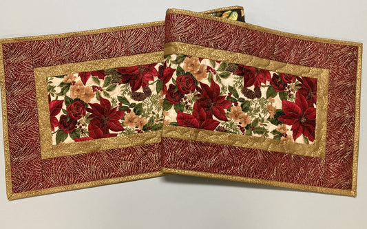 Christmas Holly Poinsettia Quilted Table Runner, Flowers Pine Cones, Winter Holiday Dining Coffee Table 13x48" Reversible Fall Leaves Autumn