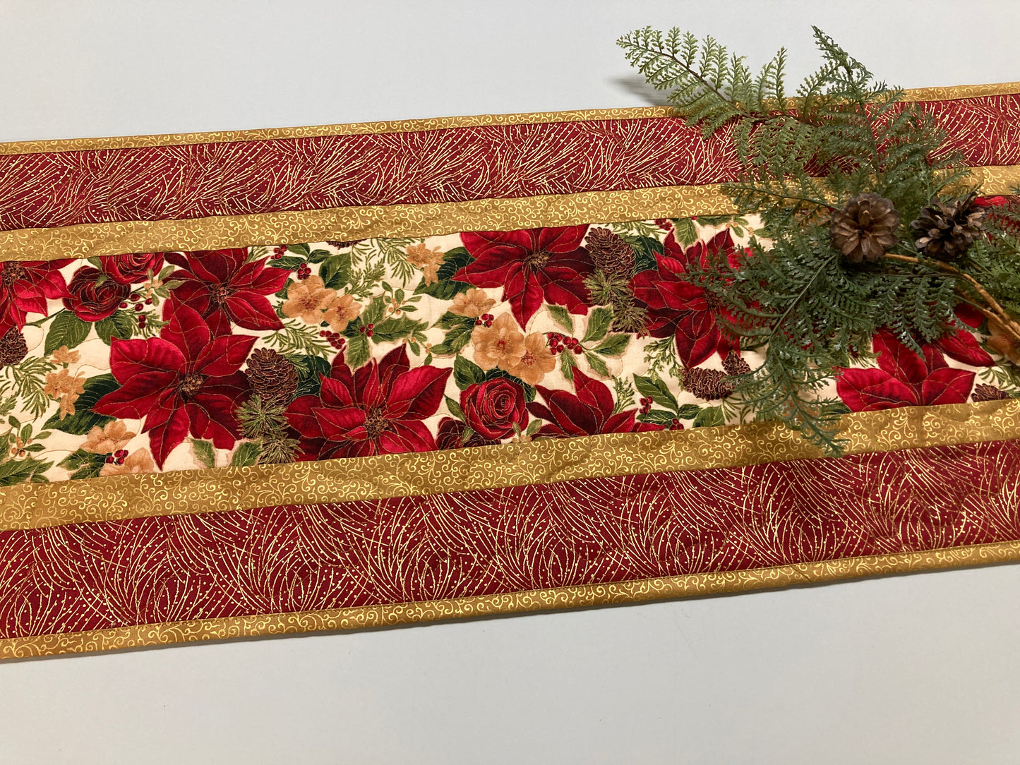 Christmas Holly Poinsettia Quilted Table Runner, Flowers Pine Cones, Winter Holiday Dining Coffee Table 13x48" Reversible Fall Leaves Autumn