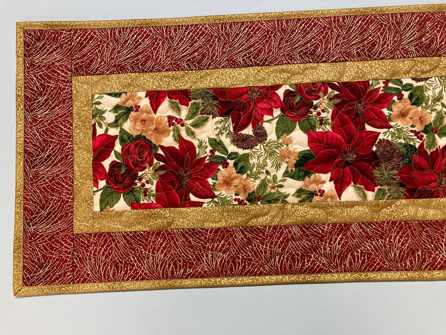 Christmas Holly Poinsettia Quilted Table Runner, Flowers Pine Cones, Winter Holiday Dining Coffee Table 13x48" Reversible Fall Leaves Autumn