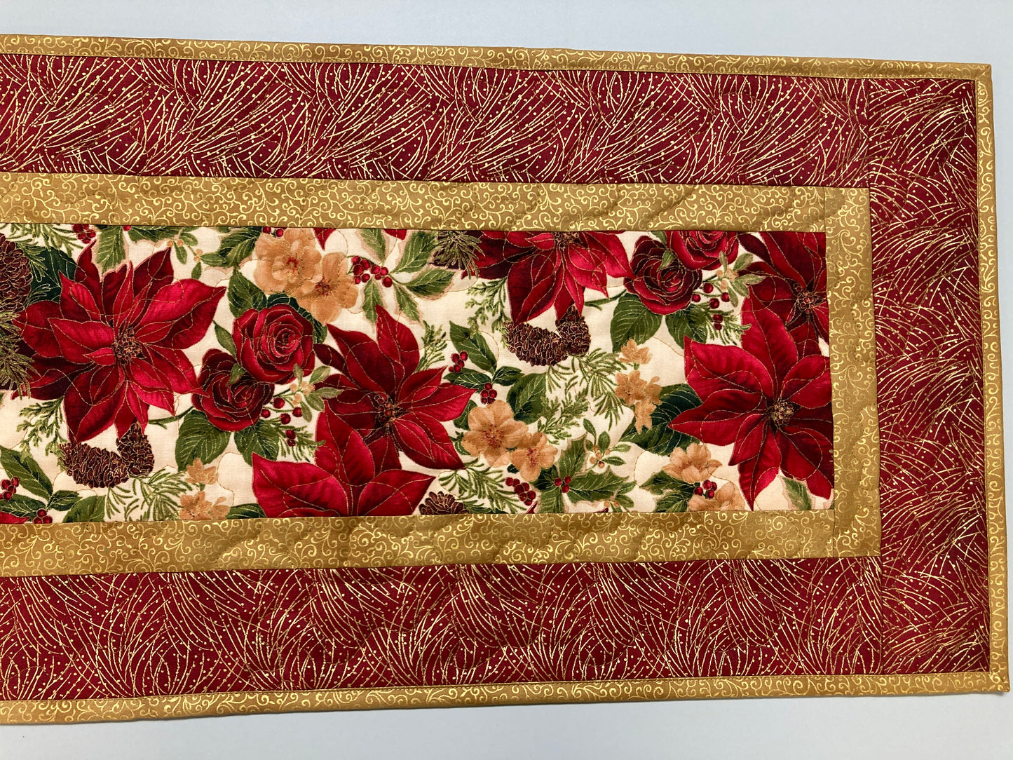 Christmas Holly Poinsettia Quilted Table Runner, Flowers Pine Cones, Winter Holiday Dining Coffee Table 13x48" Reversible Fall Leaves Autumn