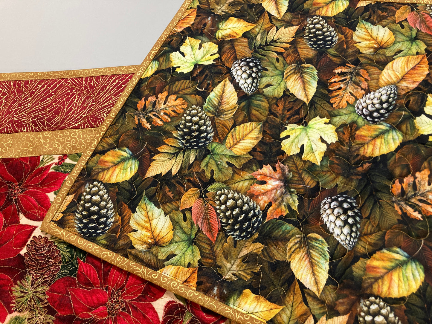 Christmas Holly Poinsettia Quilted Table Runner, Flowers Pine Cones, Winter Holiday Dining Coffee Table 13x48" Reversible Fall Leaves Autumn
