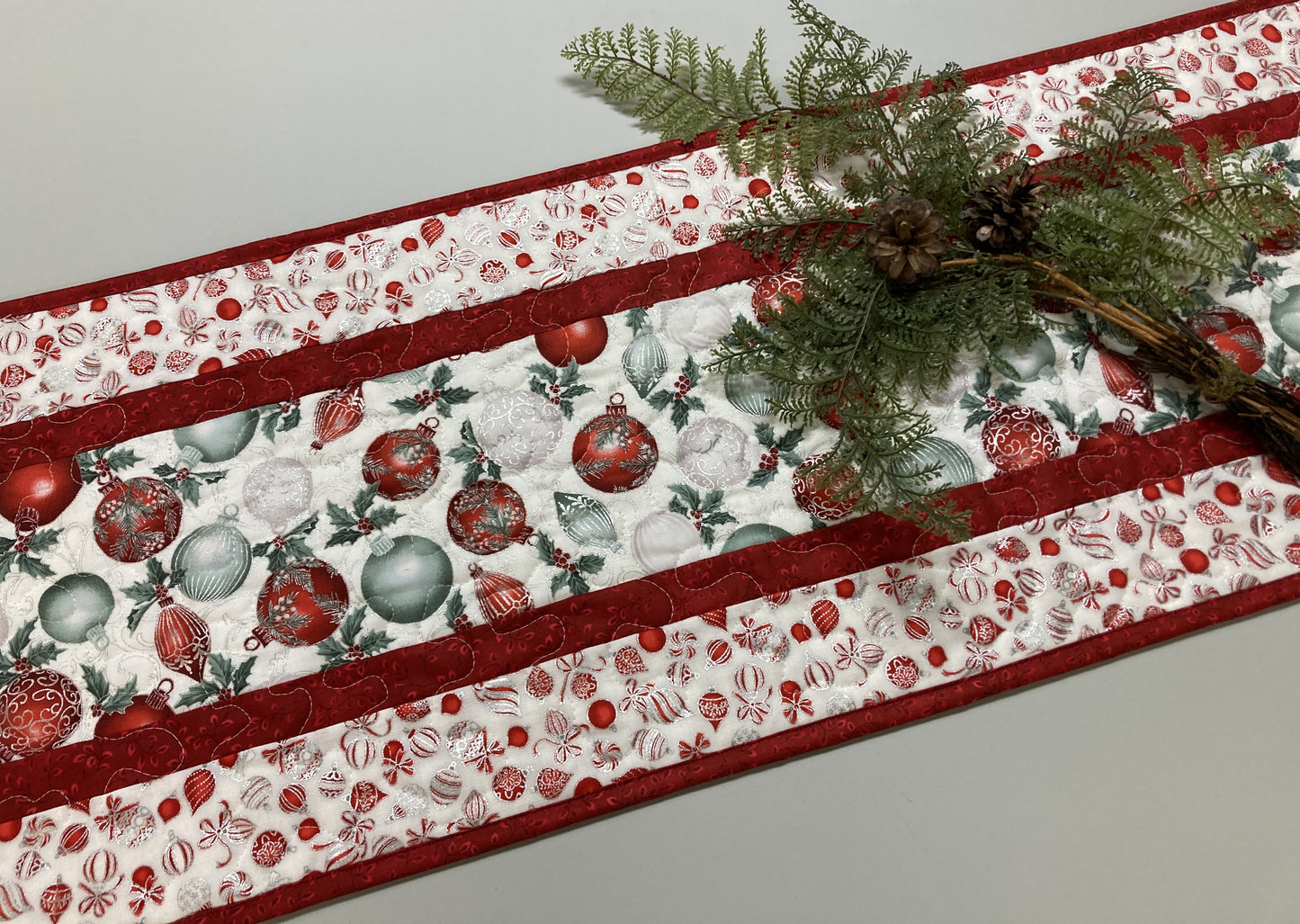 Winter Red Silver Green Christmas Ornaments Quilted Dining Table Runner, 13x48" Holiday Coffee End Table, Dresser Scarf Reversible Handmade