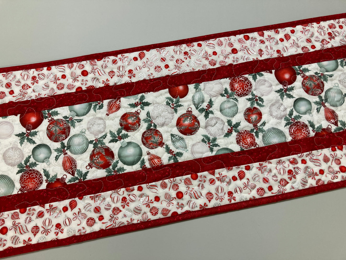 Winter Red Silver Green Christmas Ornaments Quilted Dining Table Runner, 13x48" Holiday Coffee End Table, Dresser Scarf Reversible Handmade