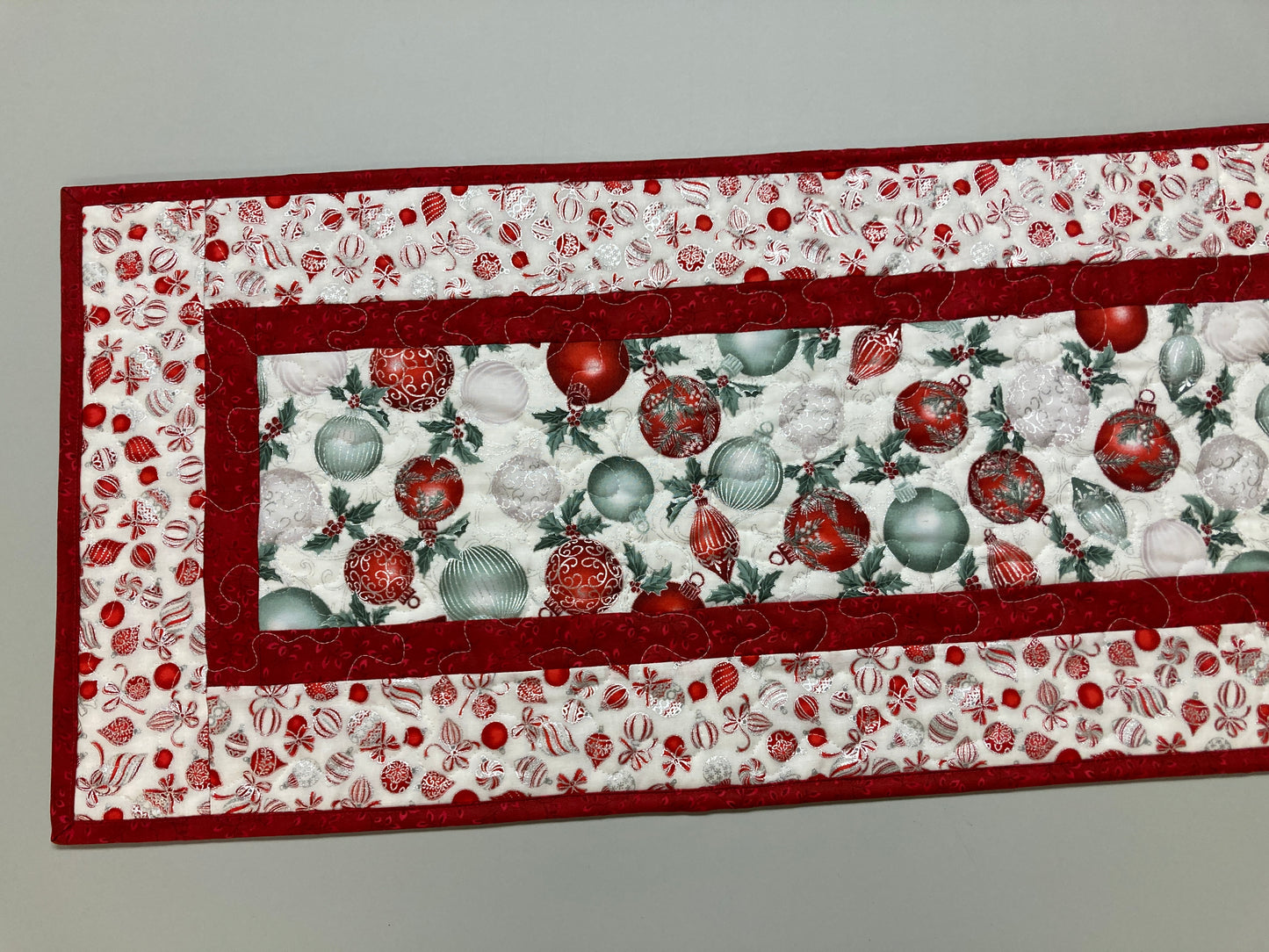 Winter Red Silver Green Christmas Ornaments Quilted Dining Table Runner, 13x48" Holiday Coffee End Table, Dresser Scarf Reversible Handmade