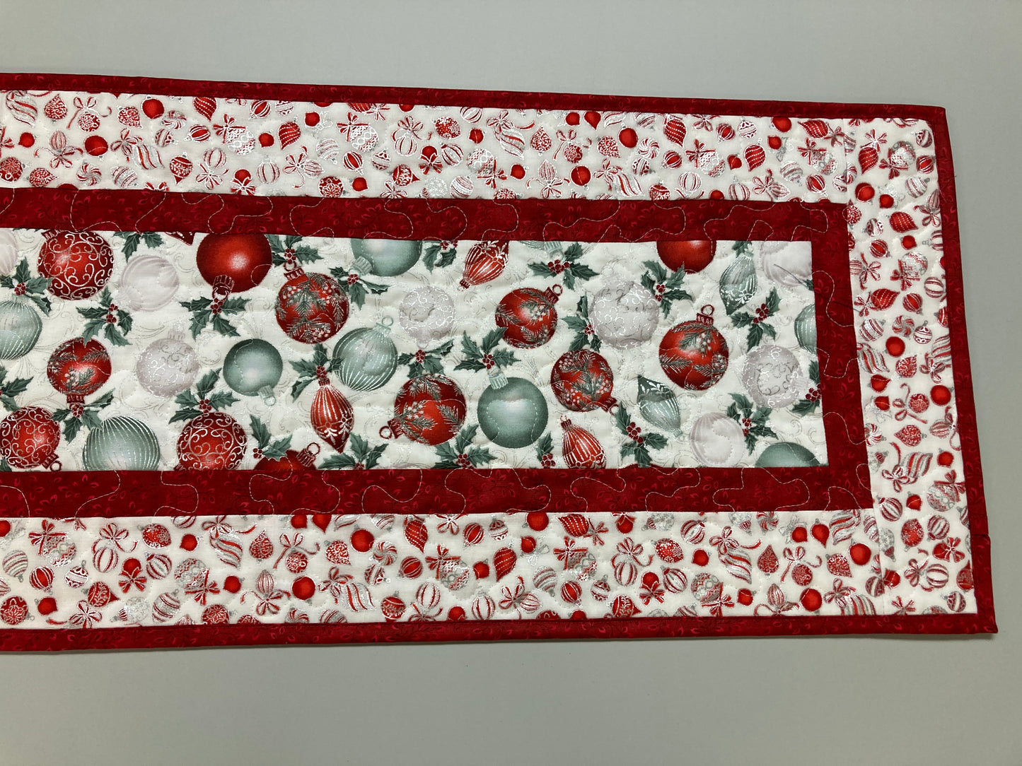 Winter Red Silver Green Christmas Ornaments Quilted Dining Table Runner, 13x48" Holiday Coffee End Table, Dresser Scarf Reversible Handmade