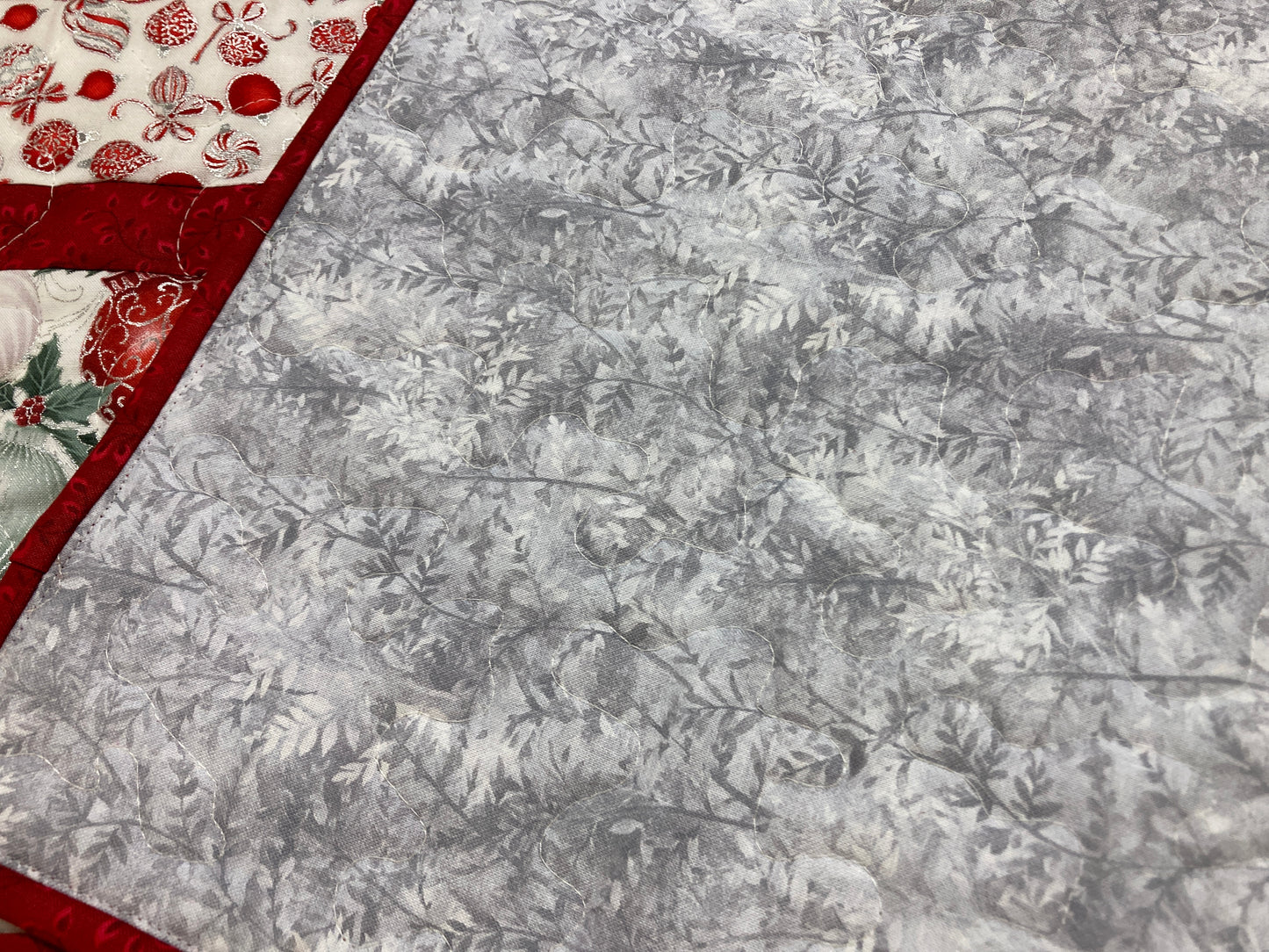 Winter Red Silver Green Christmas Ornaments Quilted Dining Table Runner, 13x48" Holiday Coffee End Table, Dresser Scarf Reversible Handmade