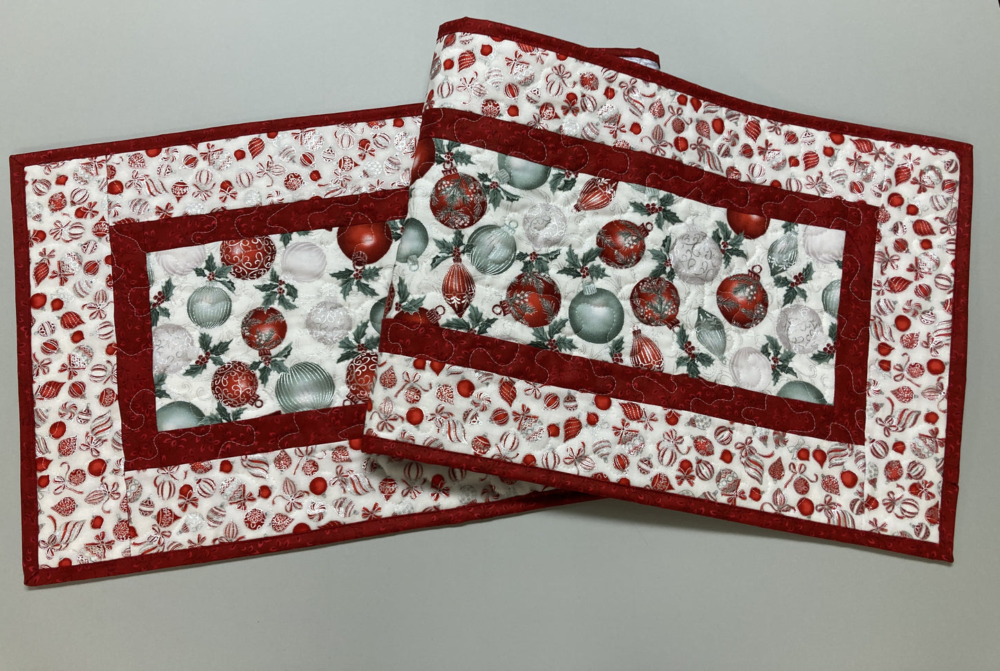 Winter Red Silver Green Christmas Ornaments Quilted Dining Table Runner, 13x48" Holiday Coffee End Table, Dresser Scarf Reversible Handmade