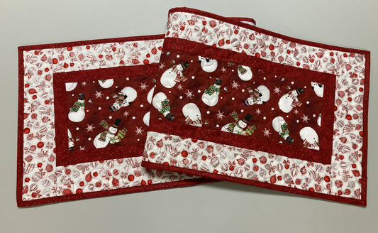 Jolly Snowman Ornaments Quilted Christmas Table Runner, 13x48" Dining Coffee Table, Reversible Winter, Red Silver Reversible Handmade
