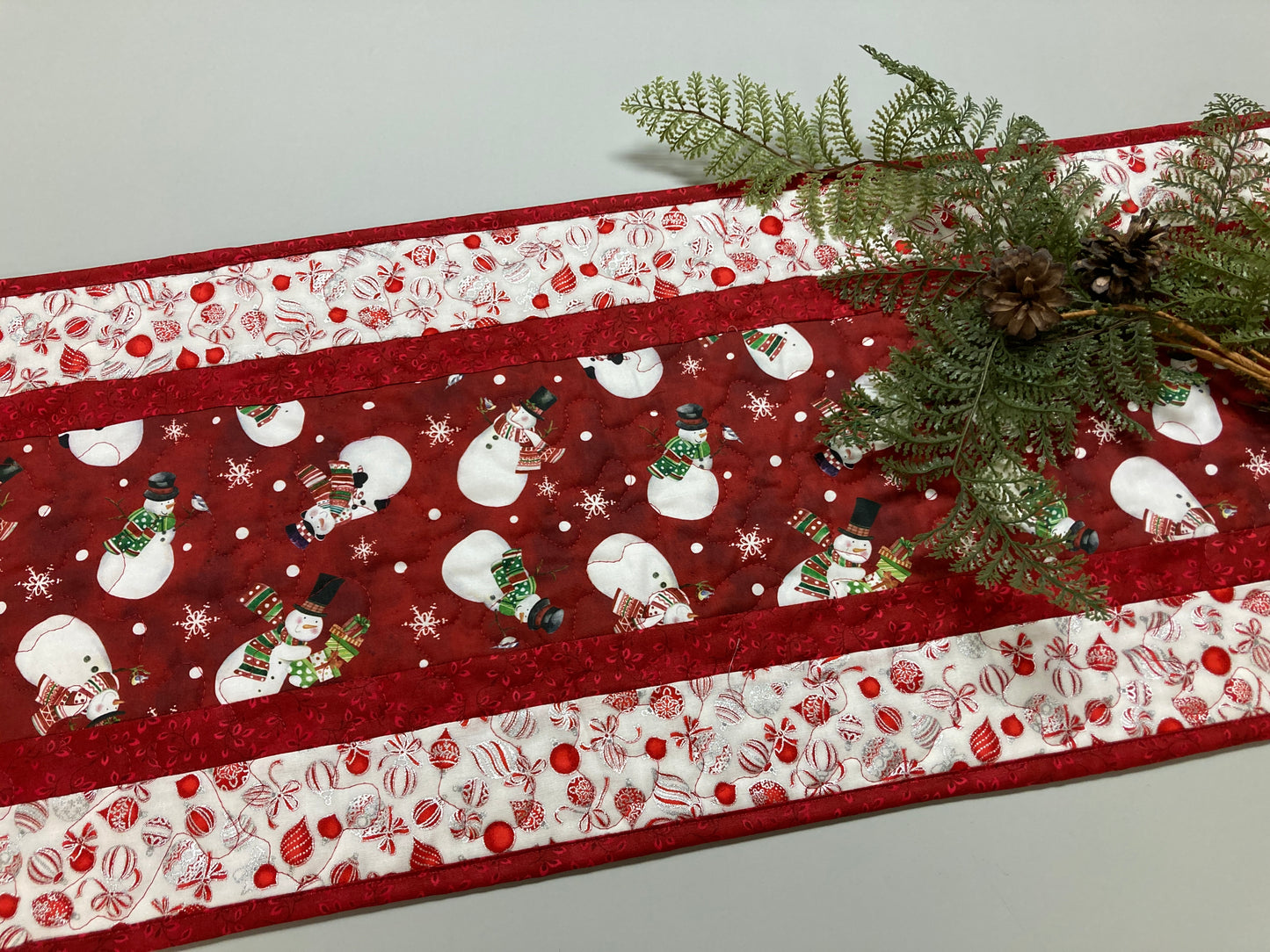 Jolly Snowman Ornaments Quilted Christmas Table Runner, 13x48" Dining Coffee Table, Reversible Winter, Red Silver Reversible Handmade