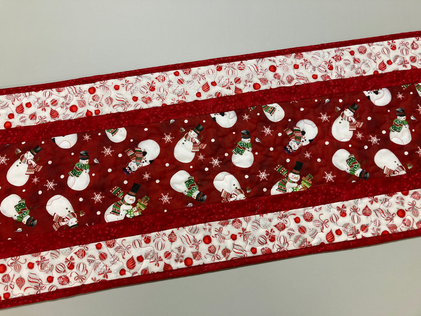Jolly Snowman Ornaments Quilted Christmas Table Runner, 13x48" Dining Coffee Table, Reversible Winter, Red Silver Reversible Handmade