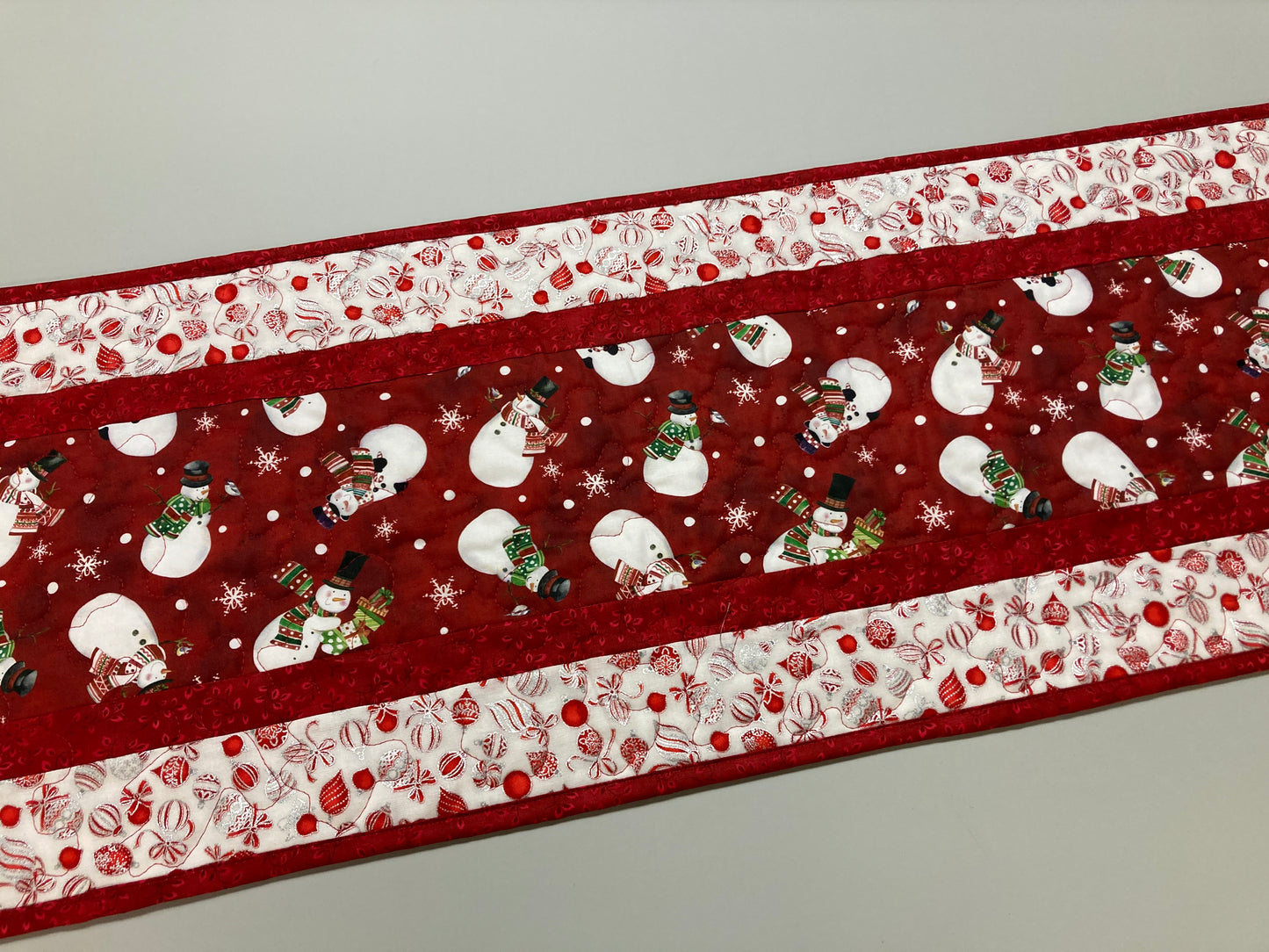 Jolly Snowman Ornaments Quilted Christmas Table Runner, 13x48" Dining Coffee Table, Reversible Winter, Red Silver Reversible Handmade