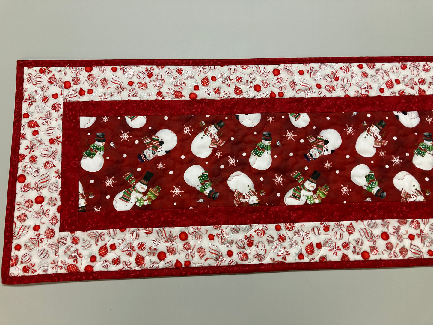 Jolly Snowman Ornaments Quilted Christmas Table Runner, 13x48" Dining Coffee Table, Reversible Winter, Red Silver Reversible Handmade