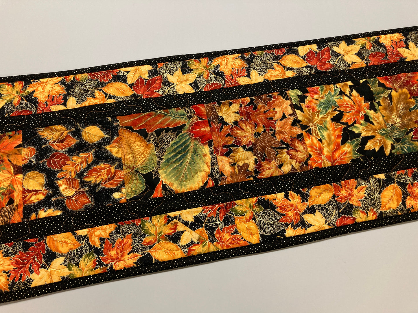 Autumn Leaves Fall Dining Table Runner, 13x56" Reversible Holiday Winter, Thanksgiving Dinner Long Red Green Gold Woods Colorful Handmade