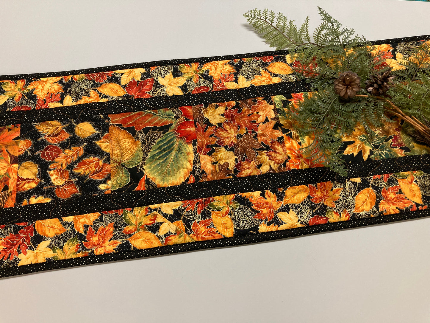 Autumn Leaves Fall Dining Table Runner, 13x56" Reversible Holiday Winter, Thanksgiving Dinner Long Red Green Gold Woods Colorful Handmade