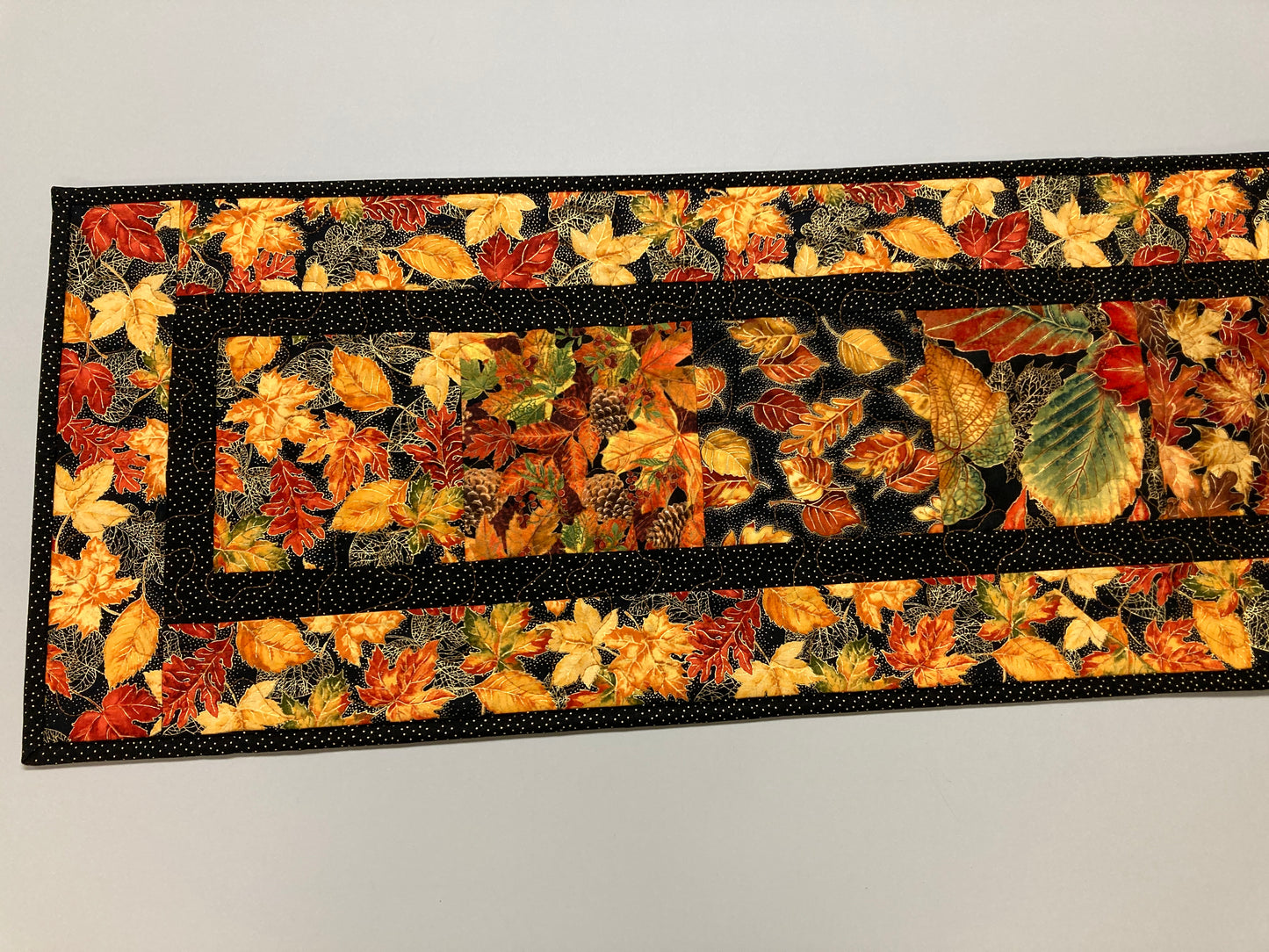 Autumn Leaves Fall Dining Table Runner, 13x56" Reversible Holiday Winter, Thanksgiving Dinner Long Red Green Gold Woods Colorful Handmade