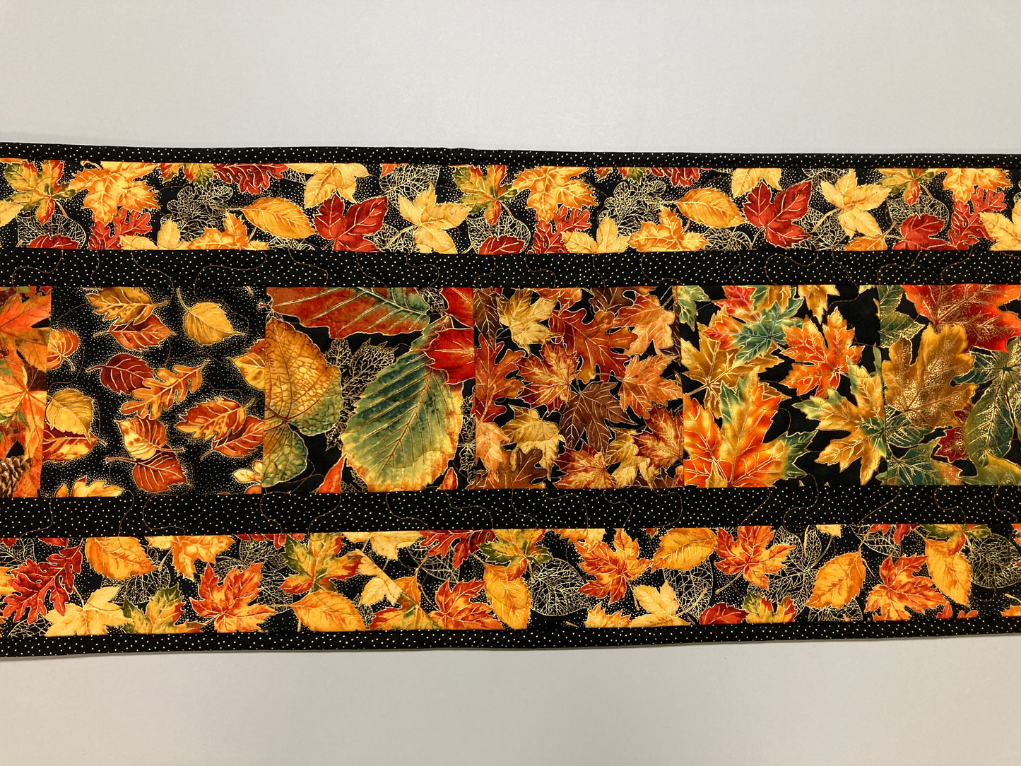 Autumn Leaves Fall Dining Table Runner, 13x56" Reversible Holiday Winter, Thanksgiving Dinner Long Red Green Gold Woods Colorful Handmade