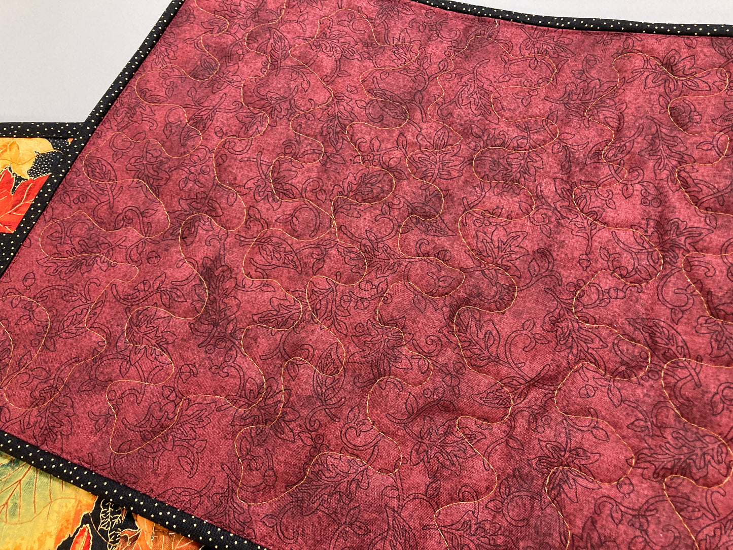Autumn Leaves Fall Dining Table Runner, 13x56" Reversible Holiday Winter, Thanksgiving Dinner Long Red Green Gold Woods Colorful Handmade