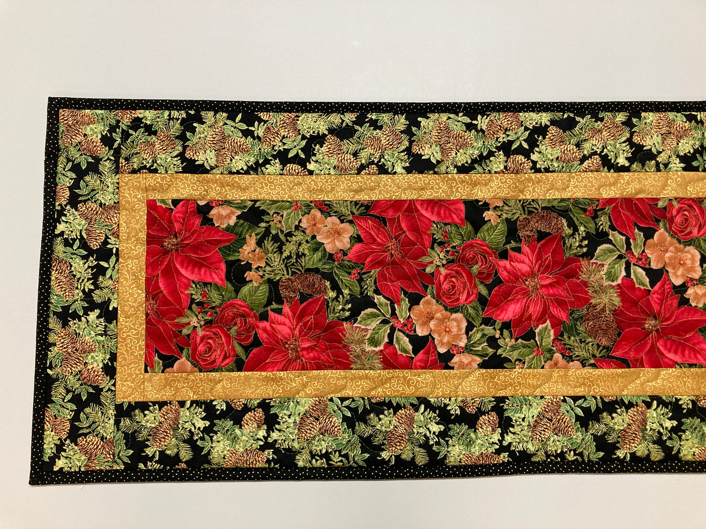 Red Poinsettia Quilted Christmas Table Runner, Flowers Pine Cones, Winter Holiday Dining Coffee Table 13x48" Reversible Fall Leaves Autumn