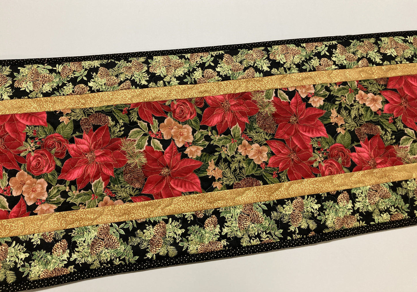 Red Poinsettia Quilted Christmas Table Runner, Flowers Pine Cones, Winter Holiday Dining Coffee Table 13x48" Reversible Fall Leaves Autumn