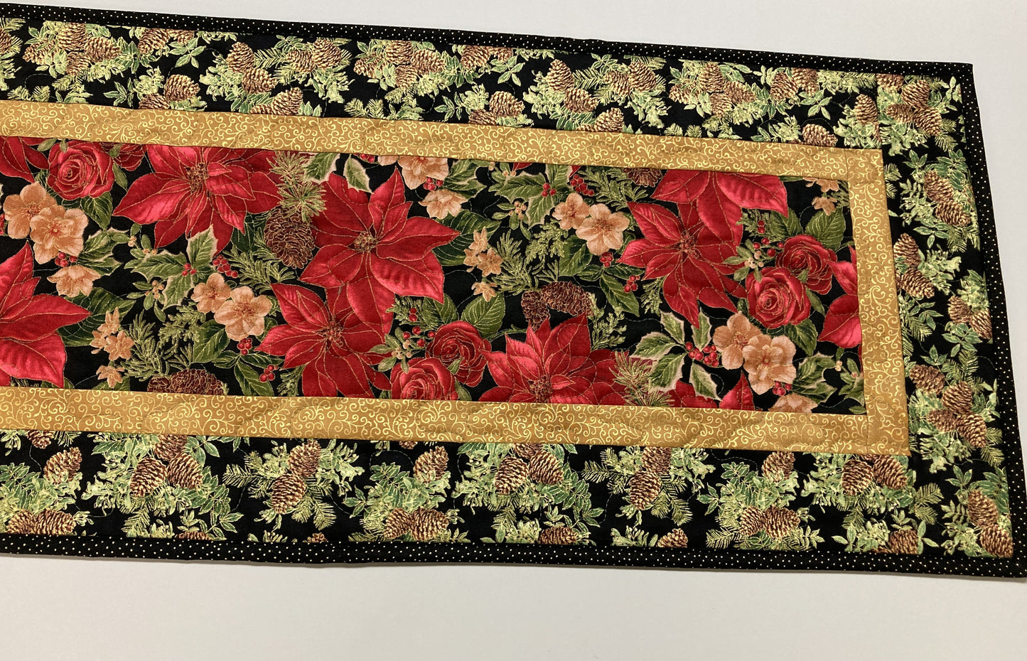 Red Poinsettia Quilted Christmas Table Runner, Flowers Pine Cones, Winter Holiday Dining Coffee Table 13x48" Reversible Fall Leaves Autumn