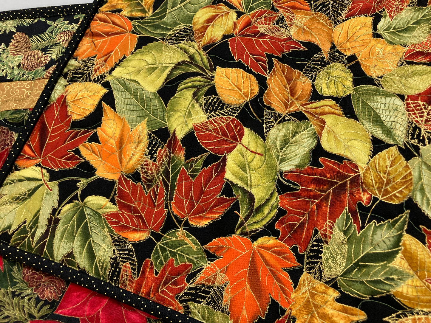 Red Poinsettia Quilted Christmas Table Runner, Flowers Pine Cones, Winter Holiday Dining Coffee Table 13x48" Reversible Fall Leaves Autumn