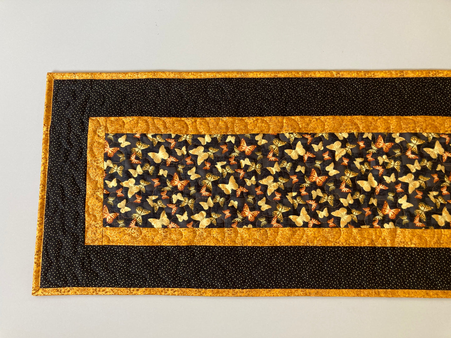 Butterfly Quilted Dining Coffee Table Runner, Farmhouse Nature Reversible 13x48" Gold Orange Black, Garden Butterflies Country Nature