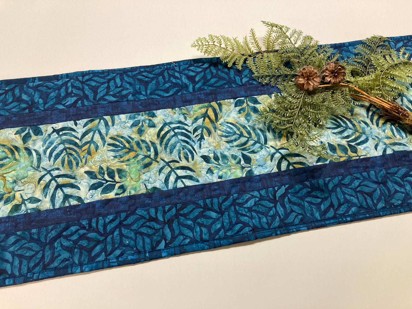Batik Blue Teal Leaves Quilted Table Runner, Dining Coffee End Table Runner, 13x48" Reversible Handmade Seaside Beach Ocean Summer Spring