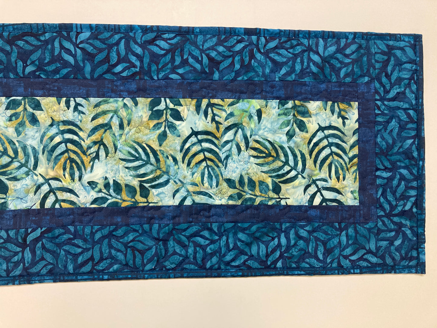 Batik Blue Teal Leaves Quilted Table Runner, Dining Coffee End Table Runner, 13x48" Reversible Handmade Seaside Beach Ocean Summer Spring