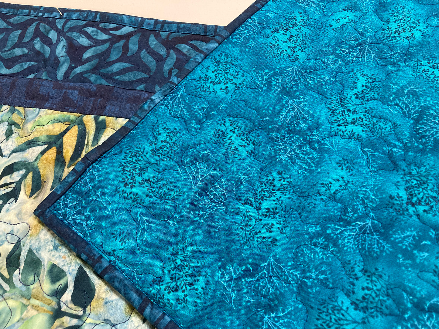 Batik Blue Teal Leaves Quilted Table Runner, Dining Coffee End Table Runner, 13x48" Reversible Handmade Seaside Beach Ocean Summer Spring