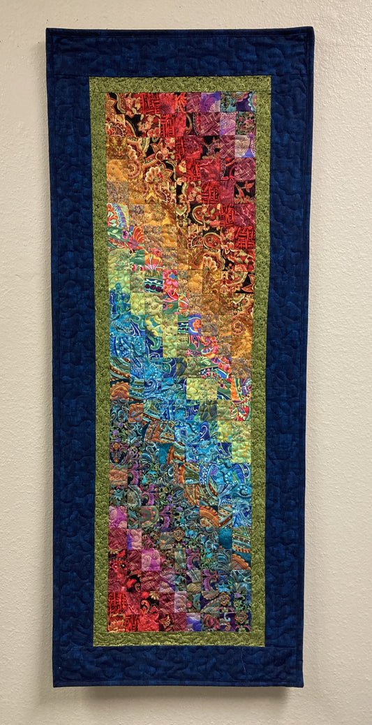 Paisley Passion Art Quilt, Abstract Bright Boho Fabric Wall Hanging Tapestry Textile, Watercolor, 18x46”Long Vertical Hippie Chic Runner