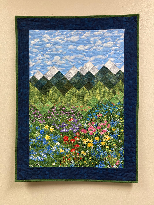 Snowy Peaks Mountain Quilt Art Fabric Wall Hanging, Landscape Textile Art 25x34” Vertical Tapestry Summer Alpine Pink Yellow Flowers Artwork