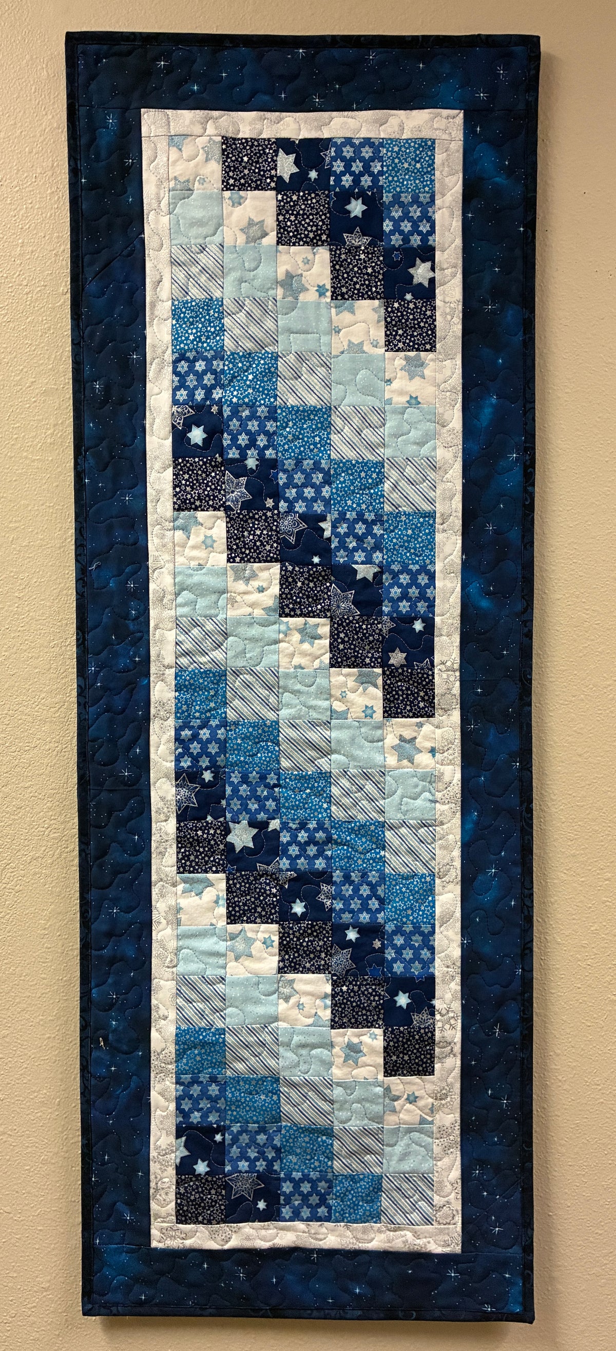 Blue Silver Winter Hanukkah Art Quilt Wall Hanging Table Runner, 17.5x48 Handmade
