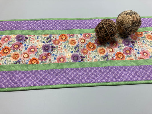 Purple Orange Yellow Spring Flowers Quilted Table Runner, Dining Coffee Table, Reversible 13x48" Easter Garden Floral Nature Bright Summer