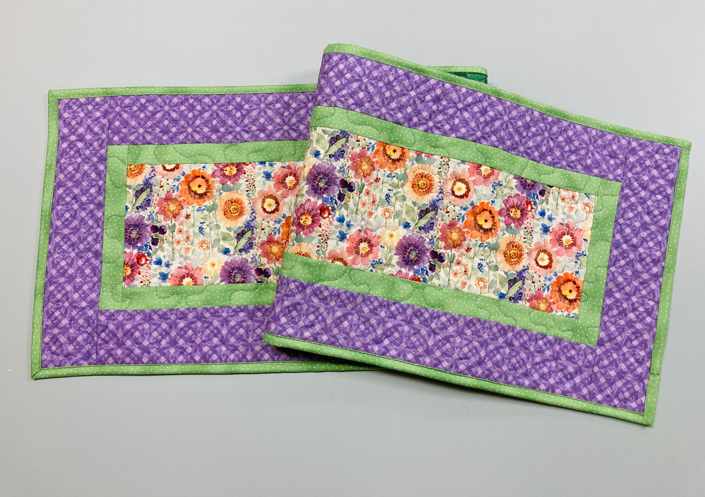 Purple Orange Yellow Spring Flowers Quilted Table Runner, Dining Coffee Table, Reversible 13x48" Easter Garden Floral Nature Bright Summer