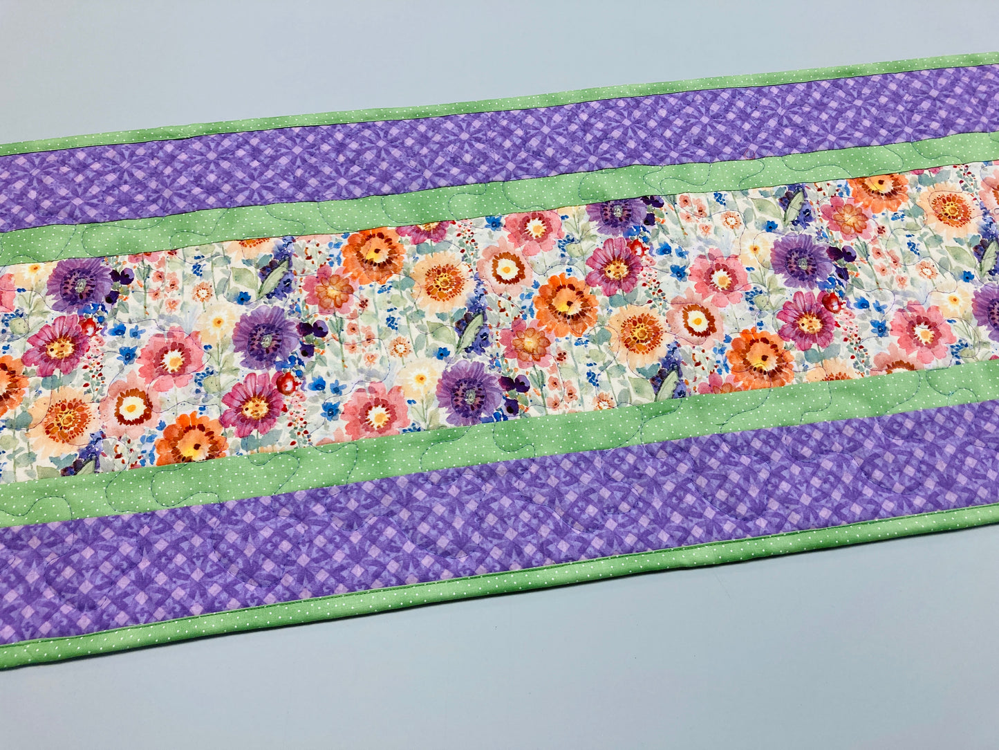 Purple Orange Yellow Spring Flowers Quilted Table Runner, Dining Coffee Table, Reversible 13x48" Easter Garden Floral Nature Bright Summer