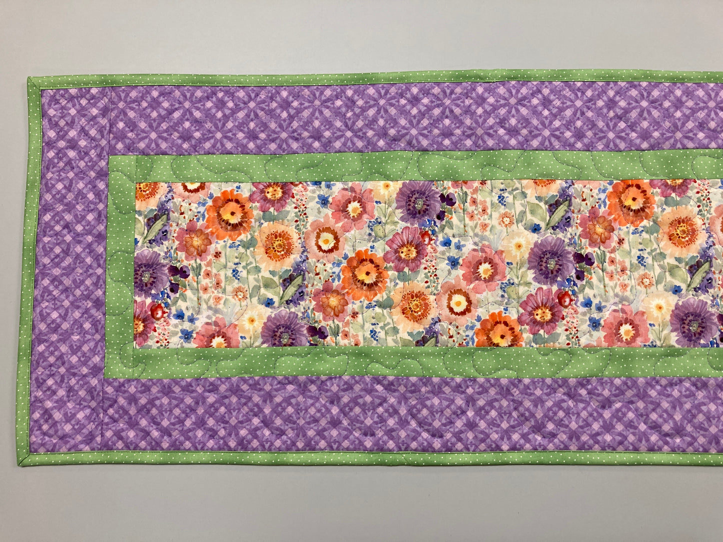 Purple Orange Yellow Spring Flowers Quilted Table Runner, Dining Coffee Table, Reversible 13x48" Easter Garden Floral Nature Bright Summer