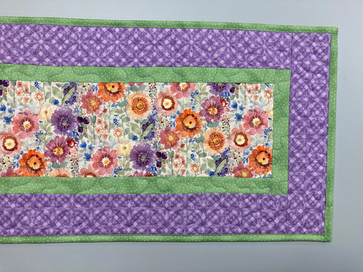 Purple Orange Yellow Spring Flowers Quilted Table Runner, Dining Coffee Table, Reversible 13x48" Easter Garden Floral Nature Bright Summer