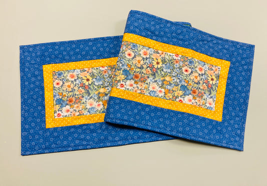 Easter Spring Blue Yellow Flowers Quilted Table Runner, Dining Coffee Table Mat, Reversible 13x48" Garden Floral Pastel Handmade