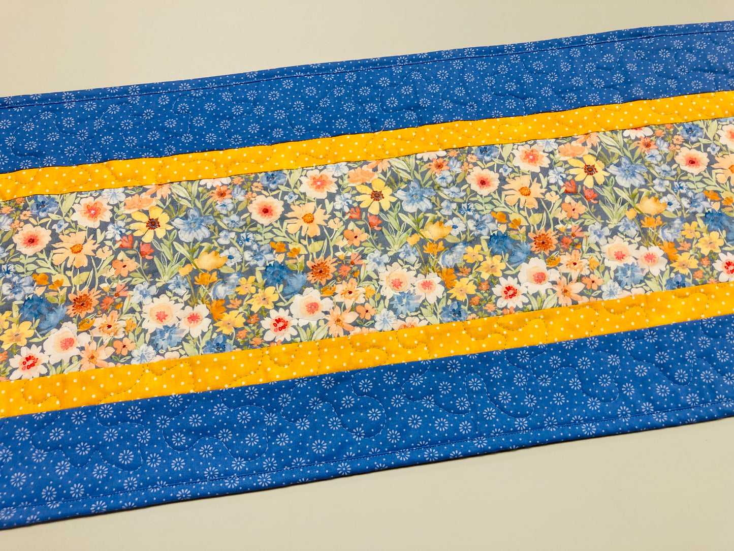 Easter Spring Blue Yellow Flowers Quilted Table Runner, Dining Coffee Table Mat, Reversible 13x48" Garden Floral Pastel Handmade