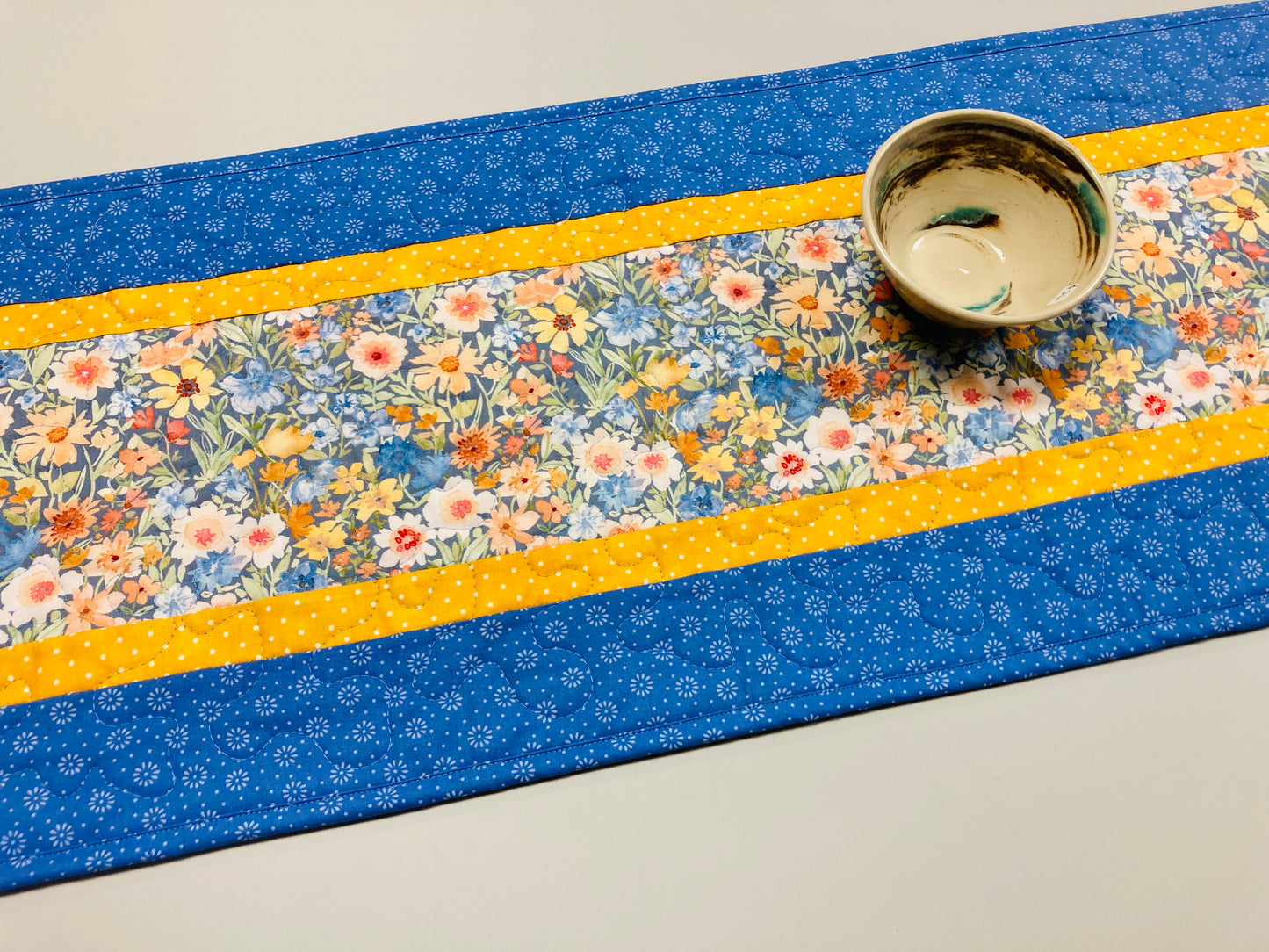 Easter Spring Blue Yellow Flowers Quilted Table Runner, Dining Coffee Table Mat, Reversible 13x48" Garden Floral Pastel Handmade