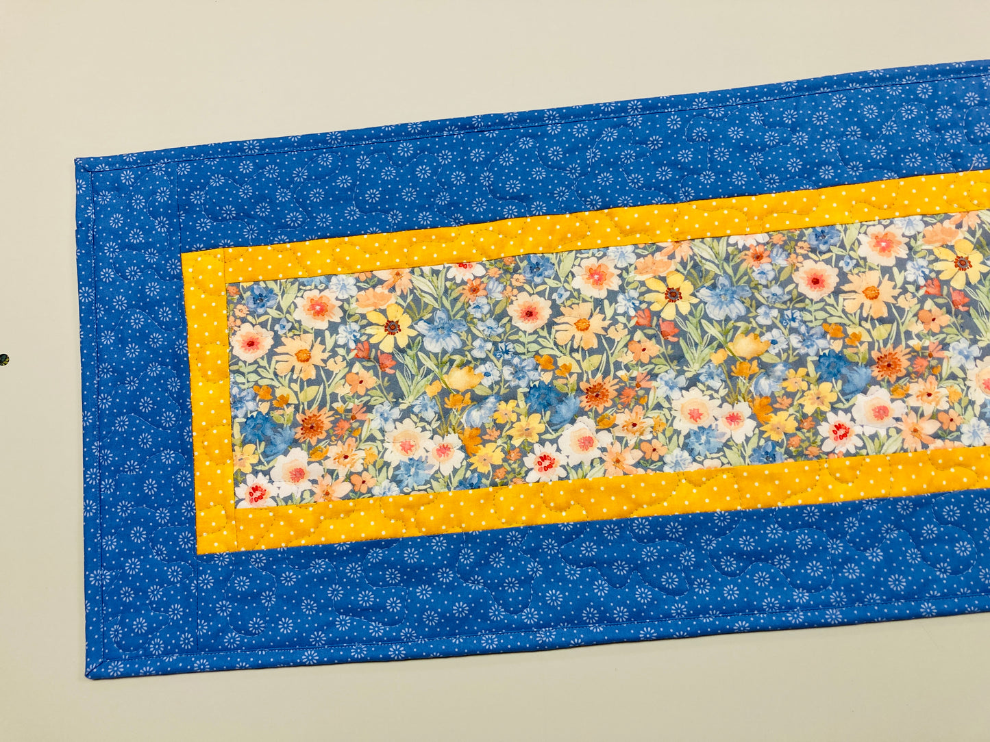 Easter Spring Blue Yellow Flowers Quilted Table Runner, Dining Coffee Table Mat, Reversible 13x48" Garden Floral Pastel Handmade