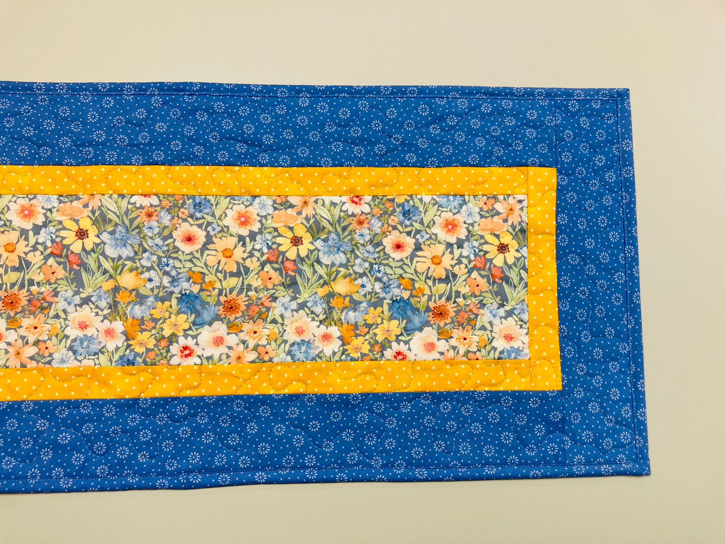 Easter Spring Blue Yellow Flowers Quilted Table Runner, Dining Coffee Table Mat, Reversible 13x48" Garden Floral Pastel Handmade