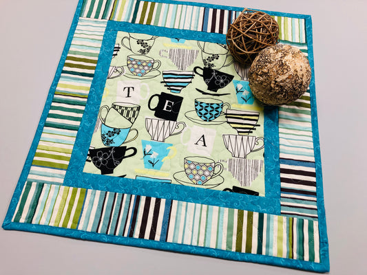 Retro Teacups Quilted Table Topper Square, Reversible 20x20" Dining Coffee End Table Vintage Nostalgic Handmade Blue Green Minimalist