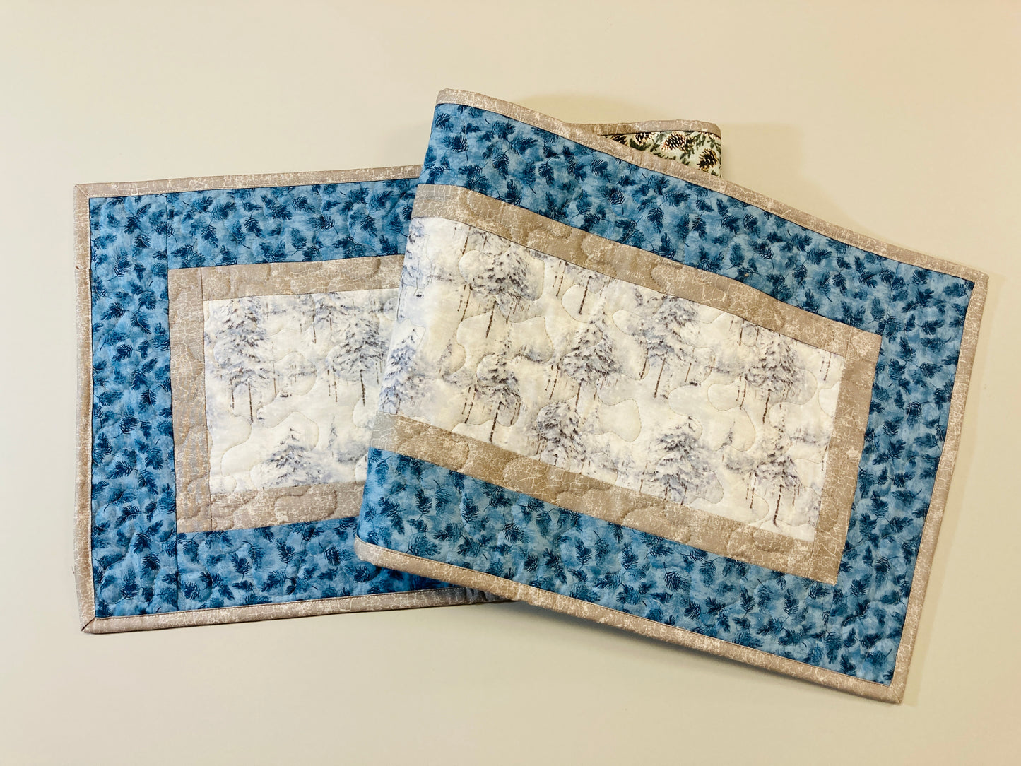 Snowy Winter Trees Blue Pine Cones Quilted Dining Coffee Table Runner, 13x48 Reversible, Everyday Woods Mountains Handmade