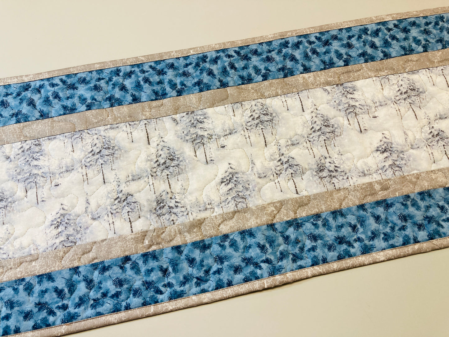 Snowy Winter Trees Blue Pine Cones Quilted Dining Coffee Table Runner, 13x48 Reversible, Everyday Woods Mountains Handmade