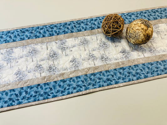 Snowy Winter Trees Blue Pine Cones Quilted Dining Coffee Table Runner, 13x48 Reversible, Everyday Woods Mountains Handmade